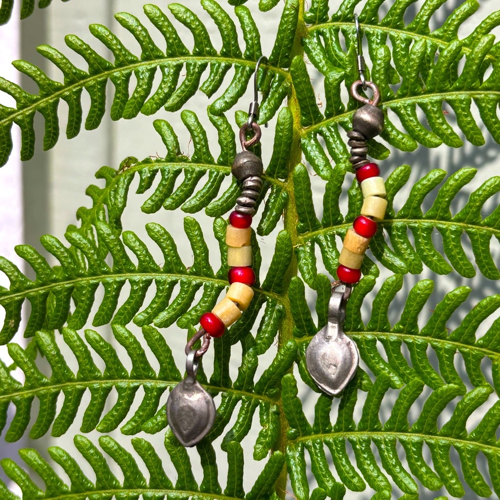 Handmade Vintage Africa Red White Heart Trade Bead Mixed Metal Dangle Earrings